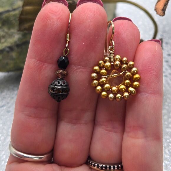 "5/$25" Mismatched Gold Beaded Citrine Gemstone Gold Filled Dangle Earrings - Picture 6 of 8